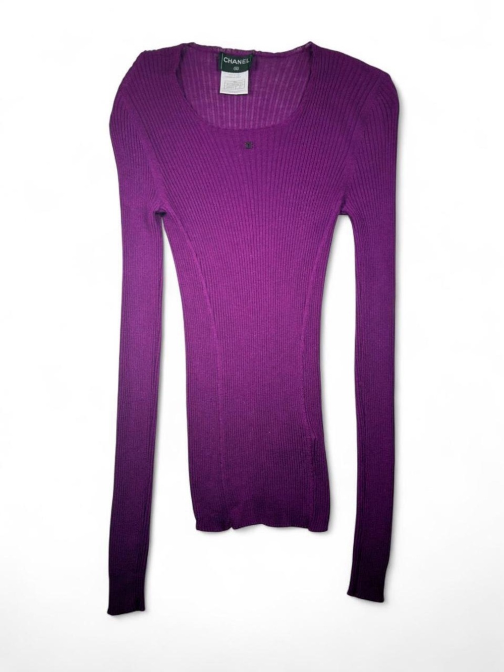 2000s Chanel Ribbed Knit Fushia With CC Logo  Long Sleeve Top